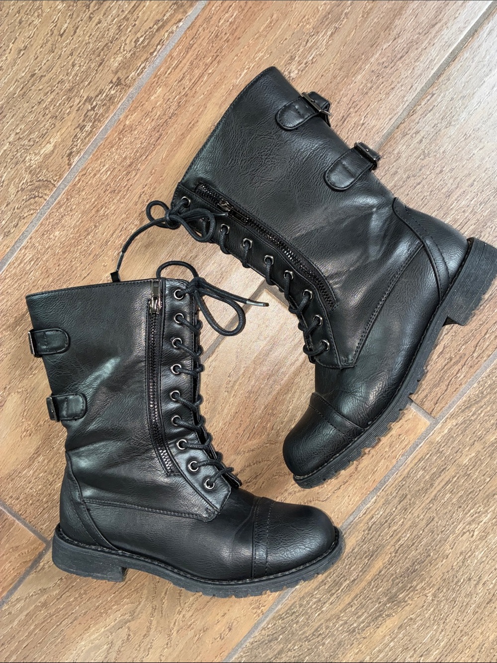 Journee Collection Black Lace-Up Moto Combat Boots